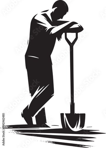 Monochromatic illustration of contemplative figure with shovel i