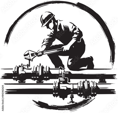 Industrial Worker Adjusting Pipeline in Sumi-e Style Black and W