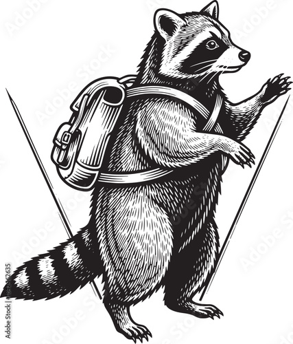 Engraved Raccoon Illustration with Backpack, Vintage Style Adven