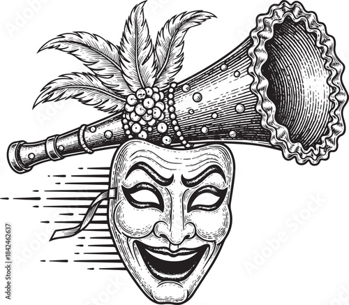 Engraved illustration of vintage theater elements, featuring a m