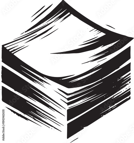 Monochrome Sketch of Stacked Notes in Stylized Ink Brush Strokes