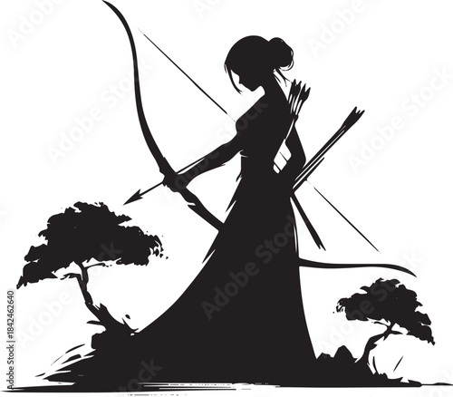 Silhouette of an archer woman poised with bow and arrow in monoc