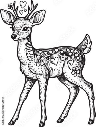 Woodcut illustration of a whimsical deer fawn with flowers and h