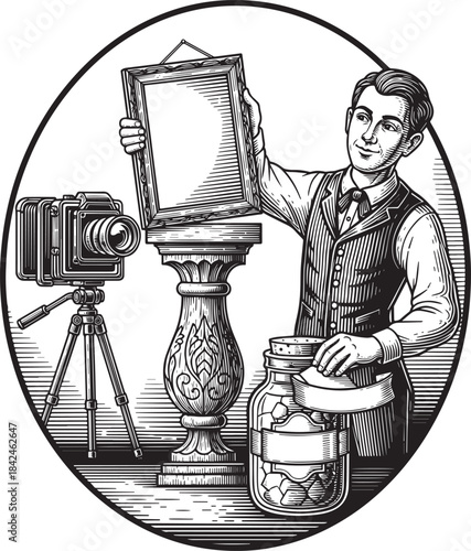 Vintage photographer preparing portrait with antique camera etch