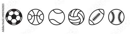 Set of sport balls in black and outline style isolated on white background flat design vector illustration