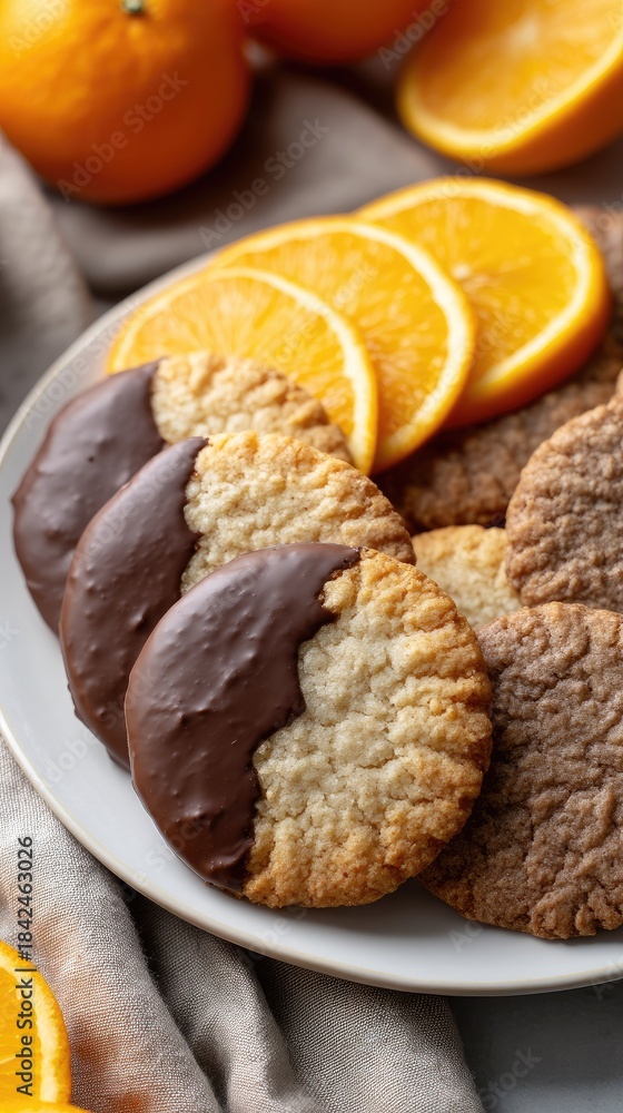 Fototapeta premium Plate holds orange shortbread cookies and sliced oranges with warm colors under soft lighting in a cozy kitchen setting