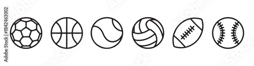 Set of outline sport balls isolated on white background for various activities flat design vector illustration