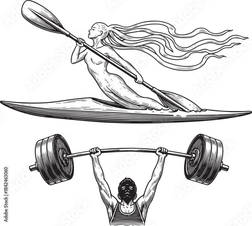 Engraved Illustration of Kayak Woman and Weightlifter, Contrasti