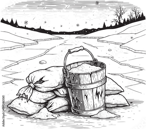 Engraved illustration of sandbags and bucket protecting against