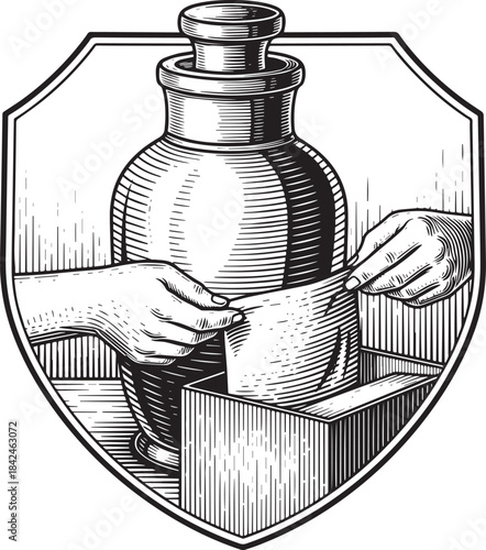 Monochrome Woodcut Style Illustration of Hand Pouring Substance