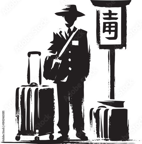 Minimalist sumi-e illustration depicting a traveler with luggage