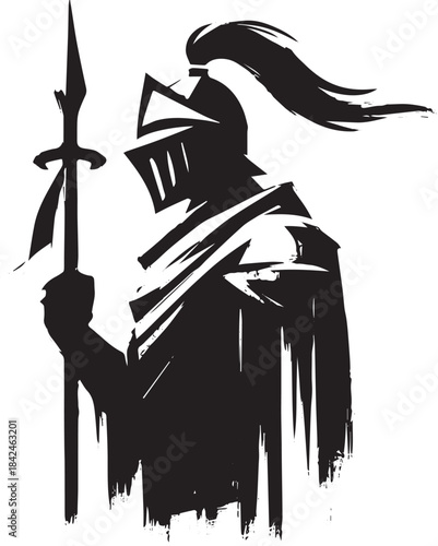 Medieval knight warrior illustration with ink wash painting styl