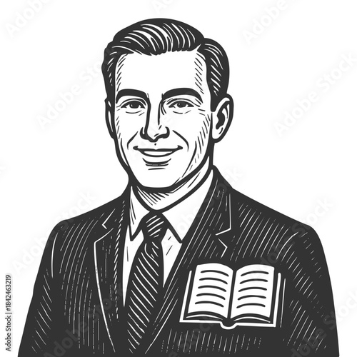 smiling man in a suit with an open book icon, representing education or academia sketch engraving generative ai fictional character vector illustration. Scratch board imitation. Black and white image.
