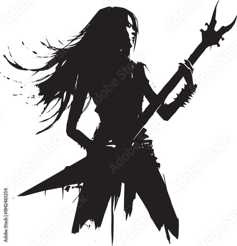 Silhouette of female guitarist in sumi-e style performing intens