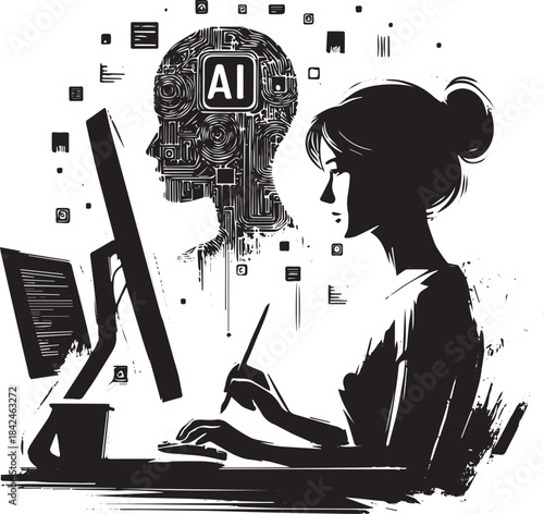 AI integration conceptualization depicted through a coding woman