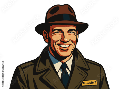 smiling intelligence officer in trench coat and fedora. Generative ai vector colorful pop art illustration.