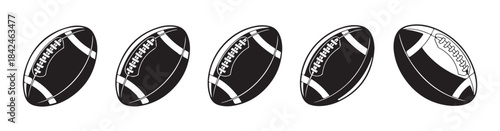Row of five american footballs in a minimalist black and white style isolated against a clean white background