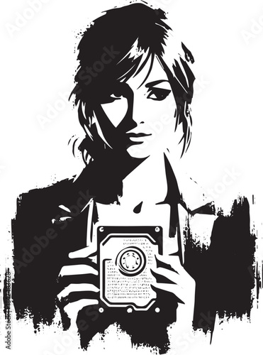 Digital Heist: Woman Holding Data Drive in Sumi-e Style Illustra