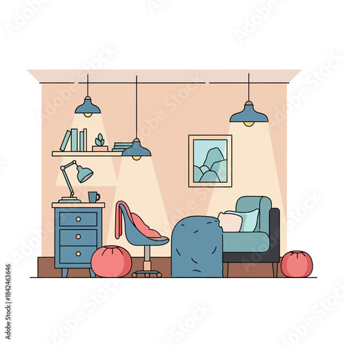 A serene, modern living area, thoughtfully designed to foster emotional well-being and a tranquil atmosphere, perfect for autis spectrum individuals and applied psikology practices