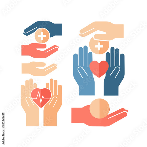 Illustrations of hand gestures symbolizing empathy, care, and support, featuring medical symbols, hearts, and donation coins, suitable for autism and psychology-related content