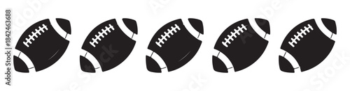 Row of five american footballs in a minimalist black and white style isolated against a clean white background