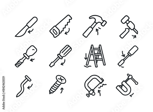 Unsafe Tool Icons. Unsafe tools. Line icon set of unsafe tools: