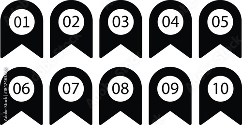 Collection of numbered black ribbon tags simple flat vector design elements for labeling and identification isolated on white background