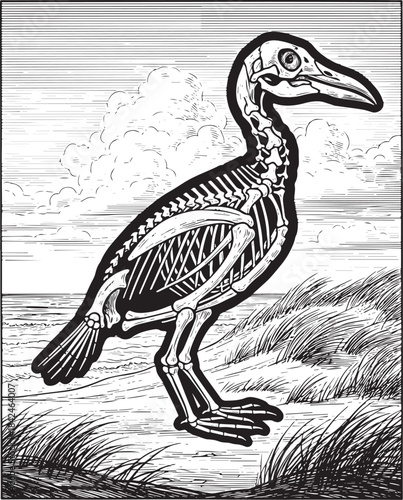 Seabird Skeleton Engraving on Beach Illustration with Clouds and
