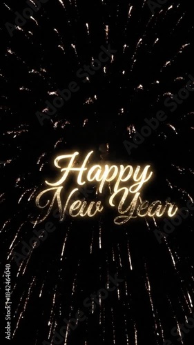Golden Fireworks Exploding into Happy New Year Text in Night Sky Animation