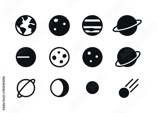 Black Planet Icons. Planets. Solid icon set of planets: Earth, M