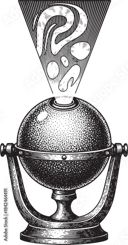 Engraved divination sphere projecting enigmatic question marks a