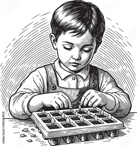 Engraving illustration of a young child planting seeds in a seed