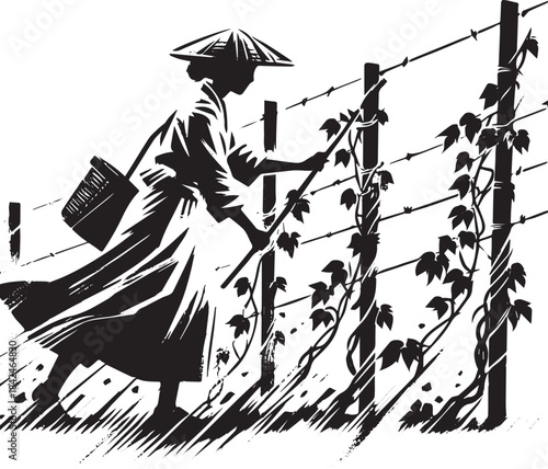 Sumi-e illustration: A woman ties vines to stakes, protecting th