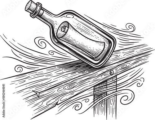 Etched message in bottle illustration drifting atop stylized woo