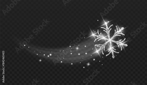 Sparkling snowflake with a shiny and snowy trail. Vector illustration