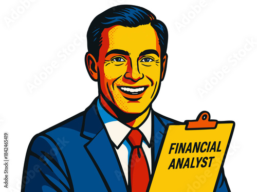 male financial analyst in a suit holding a report and pen, ideal for finance or business themes. Generative ai vector colorful pop art illustration.