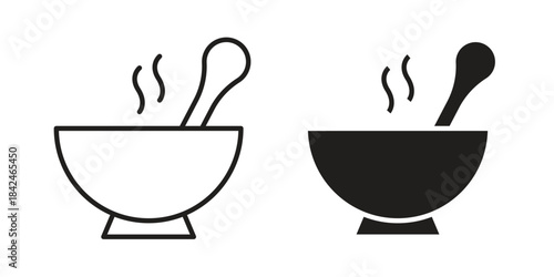 Bowl of soup icons collection. Thin linear and black flat icons