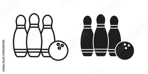 Bowling icons collection. Thin linear and black flat icons