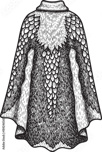 Engraved illustration of a feather cape, dark and light tones cr