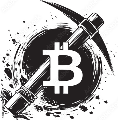 Bitcoin Mining Concept with Pickaxe and Brush Strokes - Cryptocu