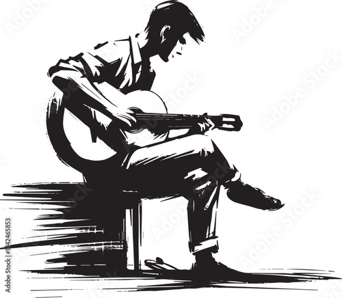 Monochrome illustration of a musician serenading on guitar in su