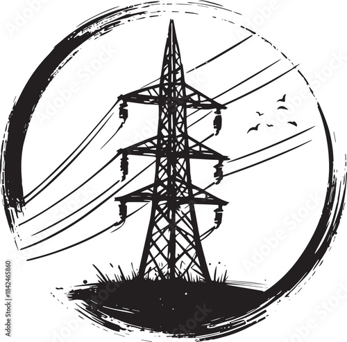 Stylized Sumi-e Illustration of an Electrical Transmission Tower