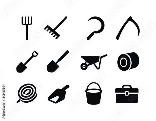 Rural Tools Icons. Rural tools. Solid icon set of rural tools: p