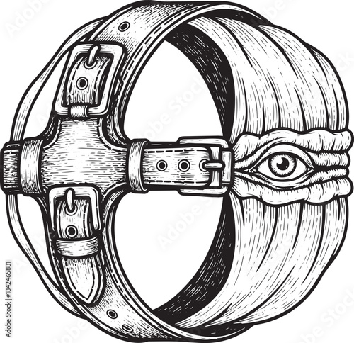 Engraved illustration of a belt encircling an eye, depicting con