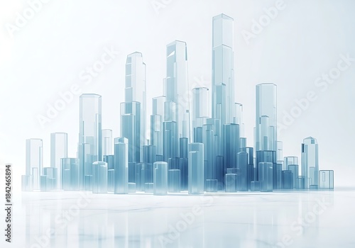 Abstract futuristic cityscape made of clear blue glass skyscrapers, representing modern architecture and technology