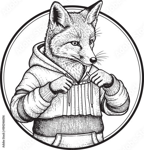 Engraved Illustration of Fox in Hoodie: Urban Wildlife Character