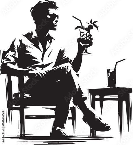 Monochrome elegance of a relaxed man savoring a cocktail moment