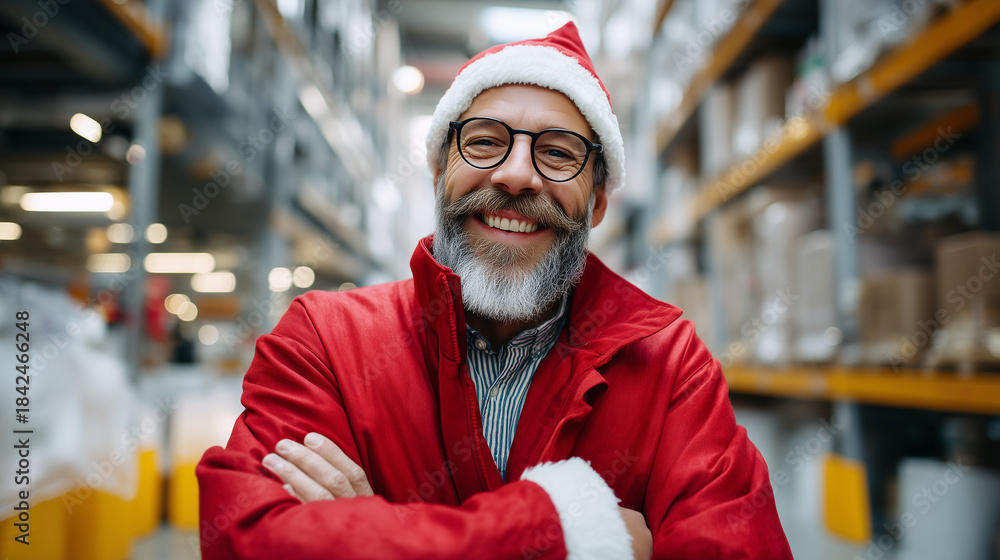 Obraz premium Cheerful bearded man in red suit and glasses standing in front of large gift warehouse, preparing for Christmas delivery, organized shelves, with copy space