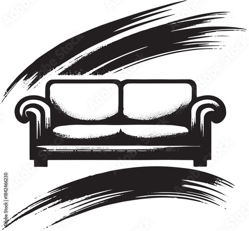Elegant sofa illustration in Sumi-e style with simple brush stro