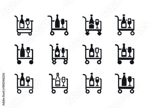 Bar Cart Logos. Stylish Bar Cart with Liquor and Glassware for E